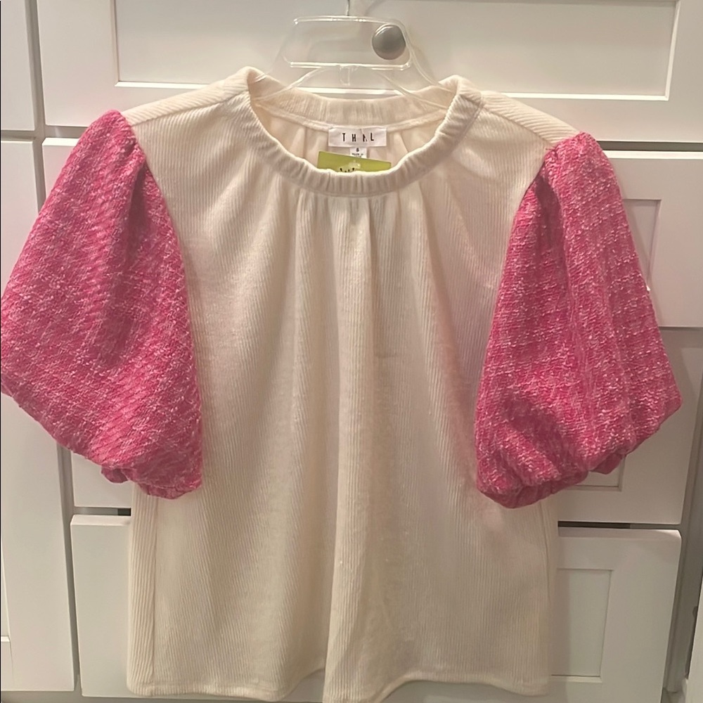 THML Cream and Pink Puff Sleeve Blouse